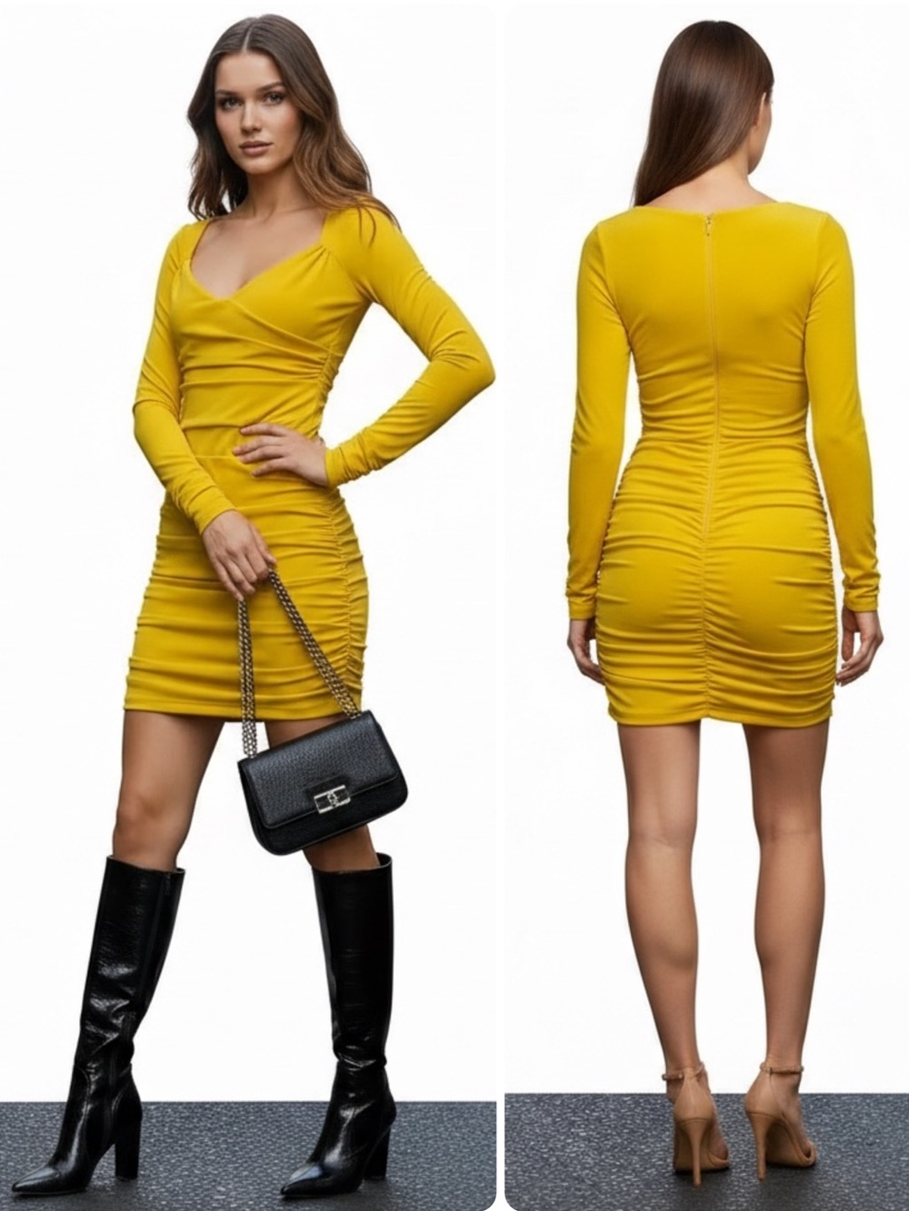 Cinq a Sept Miah Pineapple Yellow Long-Sleeve Ruched Bodycon Dress NWOT $365
